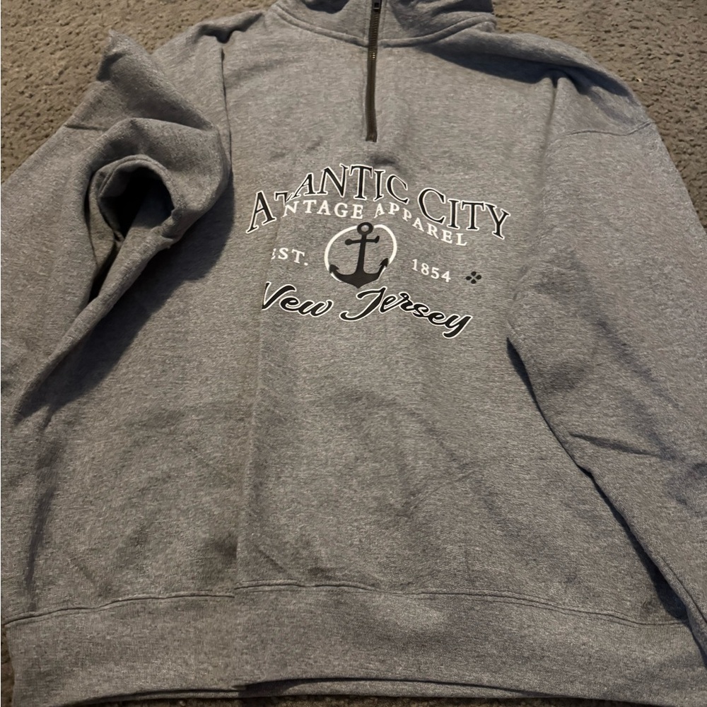 Gildan Gray Crew Neck quarter zip Sweater with Atlantic City Design